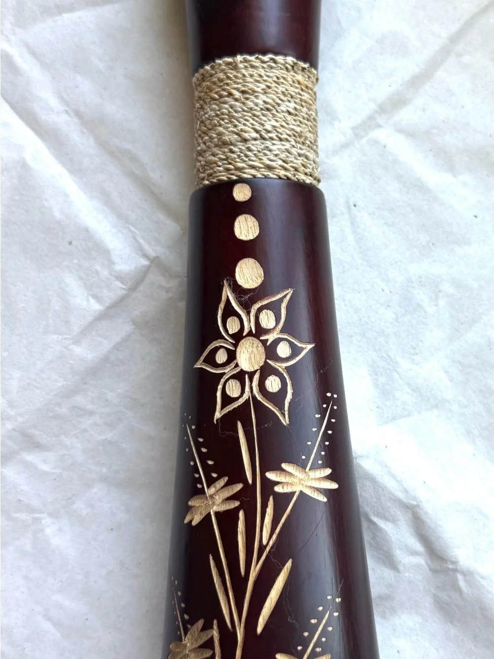 Hand-Carved Brown Floral Wooden Vase with Twine Accent
